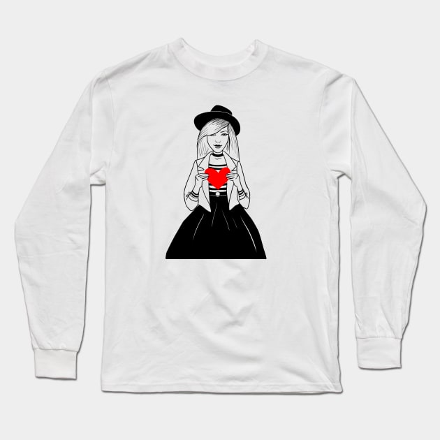 Stylish girl in a hat with big heart Long Sleeve T-Shirt by fears